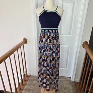 Xhilaration Blue Knit Top Aztec Multi Color Bottom Sleeveless Maxi Dress Size S